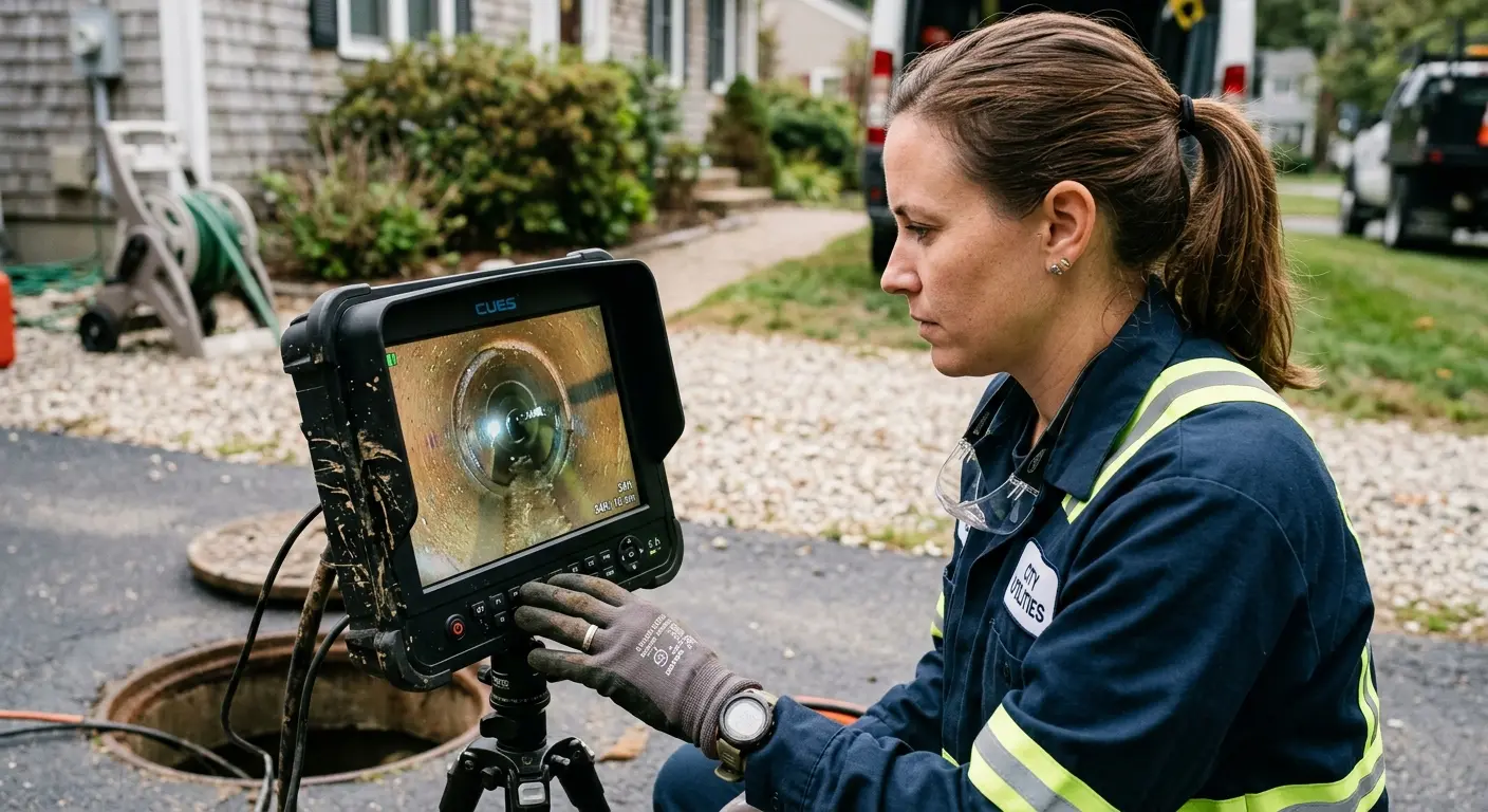 Technician reviewing sewer camera inspection footage in Paloma Creek South