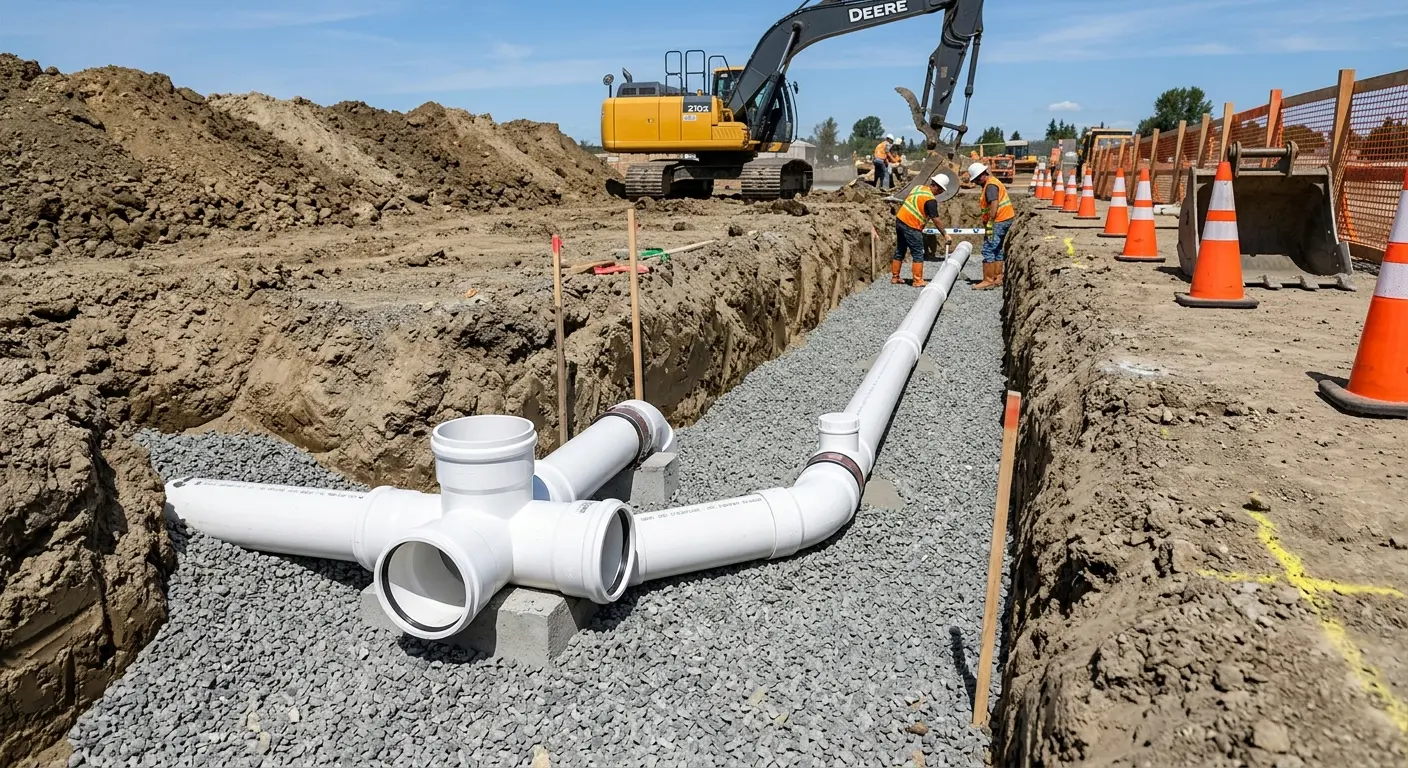 New PVC sewer pipe installation in open trench for Sewer Backup in Paloma Creek South