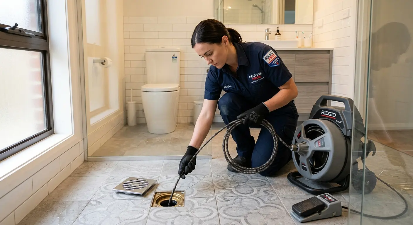 Technician clearing a bathroom floor drain for Drain Repair in Paloma Creek South